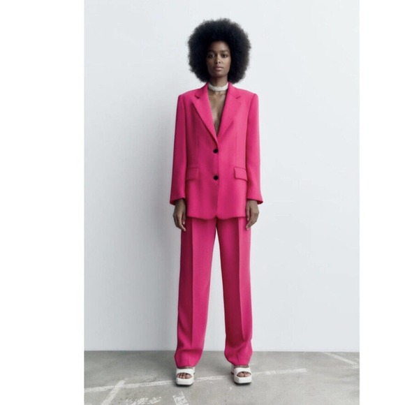 NWT ZARA WOMAN Fuchsia Pink Wide Flowy Pants Medium Barbiecore Menswear - Picture 1 of 5